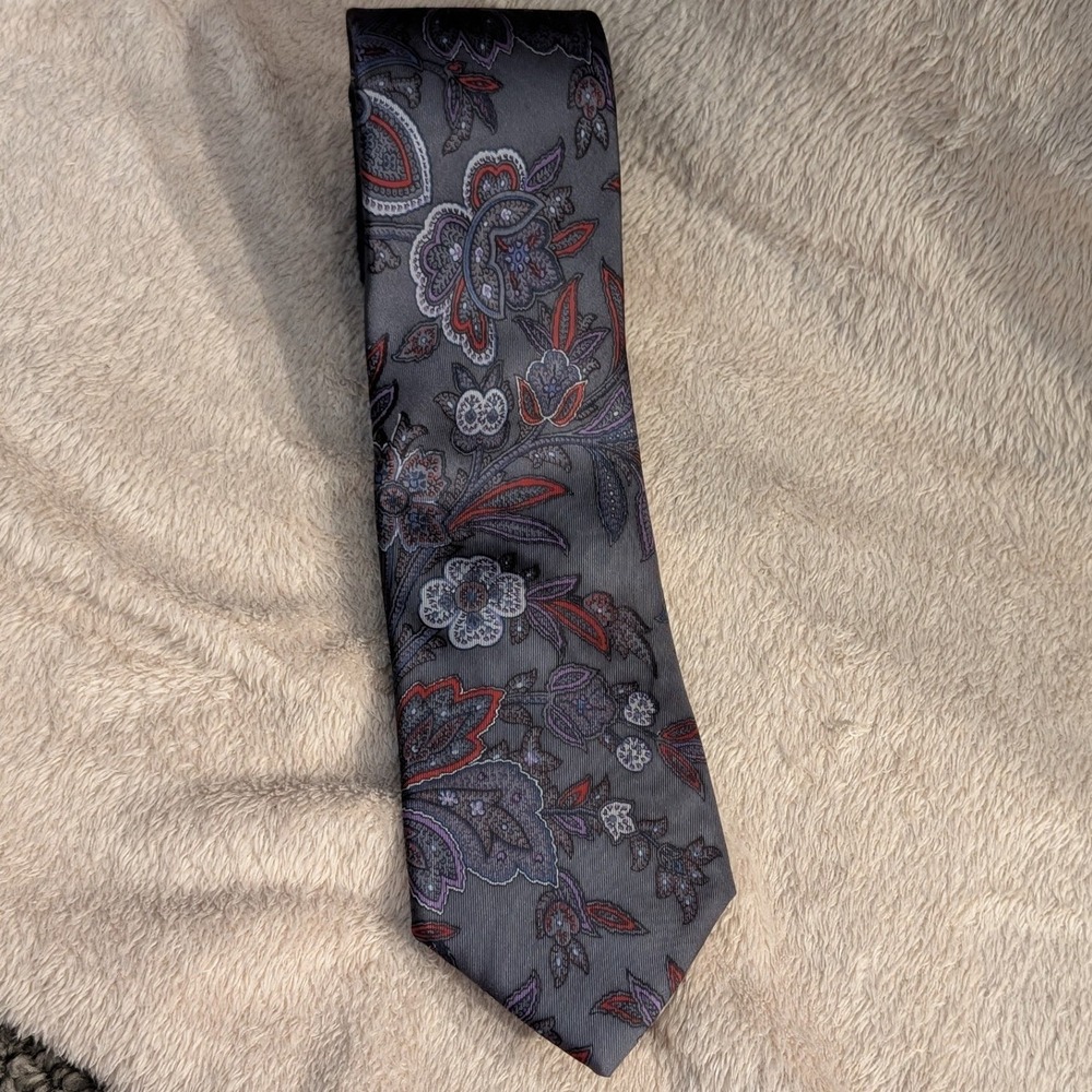Salvatori Tie Paisley Floral Silk OS Gray Red Purple Blue Vintage Dark Academia